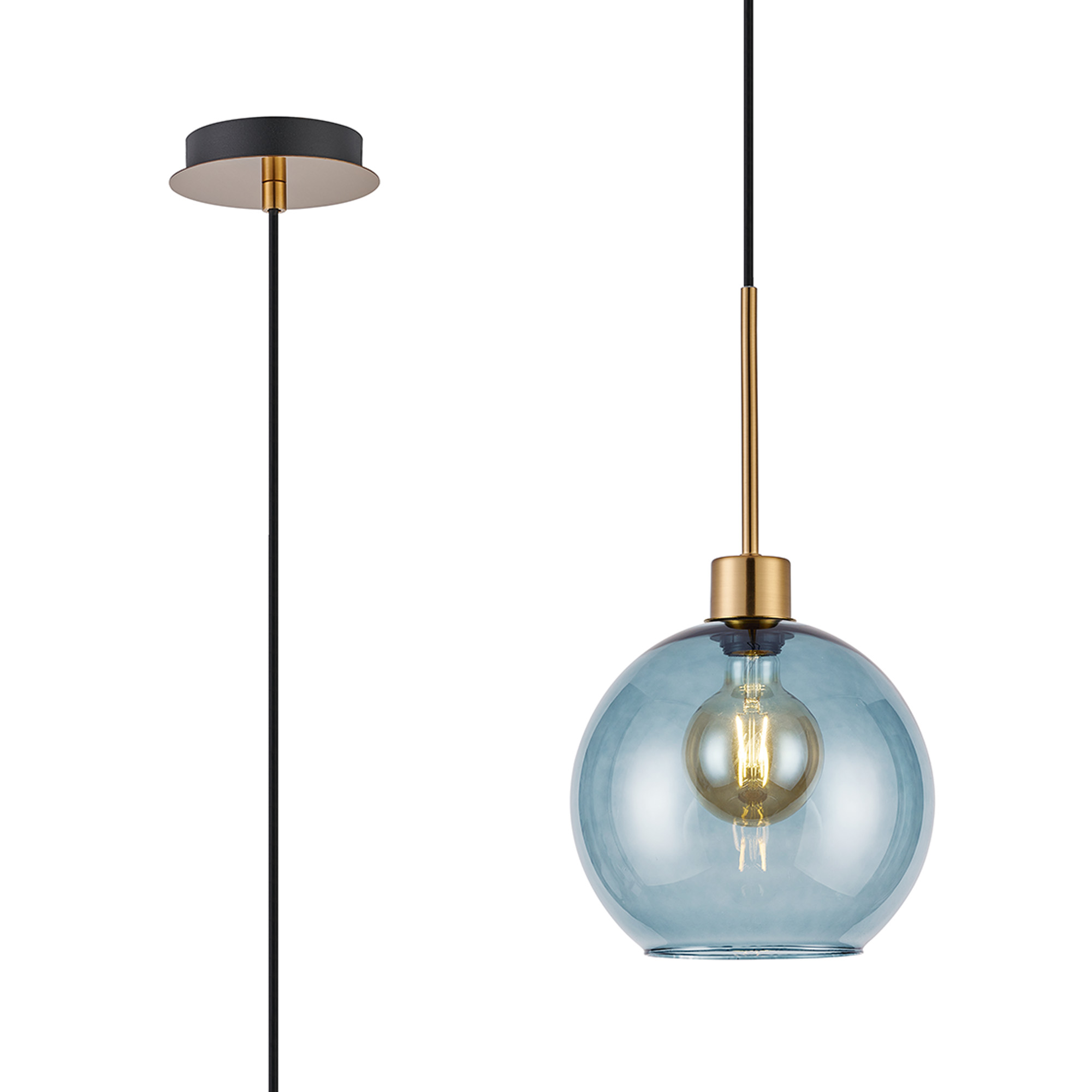 DK1166  Lori 1.7m Single Pendant, 1 Light Adjustable E27, Antique Gold/Blue Open Mouth Round Globe Shades